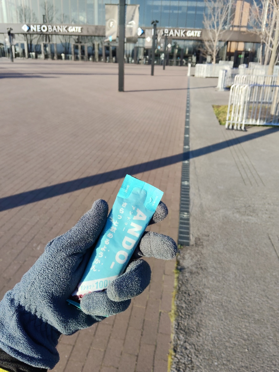 エスコンフィールド前でANDO_を手に持つ