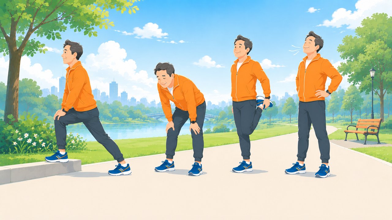 ランニング後のクールダウン・ストレッチをする40代ランナーのイラスト