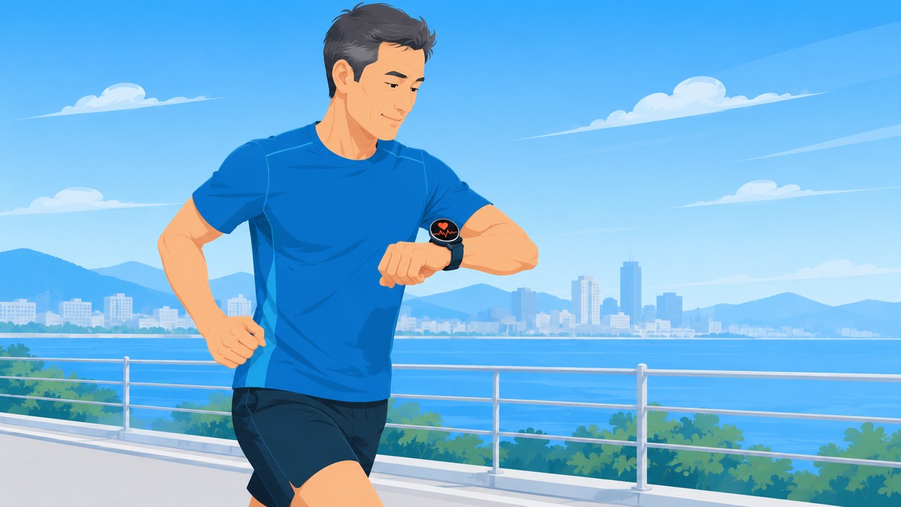 走りながらGPSウォッチで心拍を確認する40代ランナー