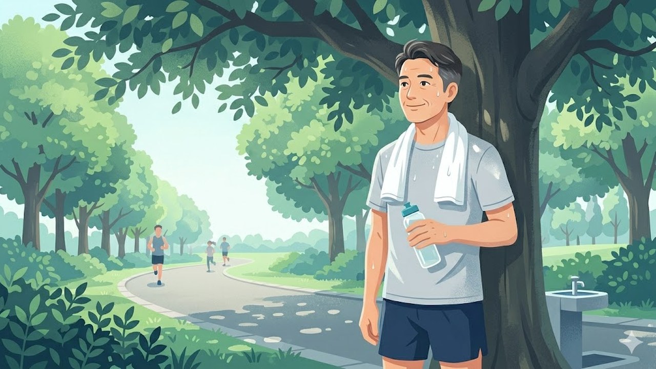 木陰で給水休憩をする夏のランナーのイラスト