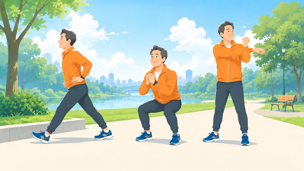 ランニング前の準備運動・ストレッチをする40代ランナーのイラスト