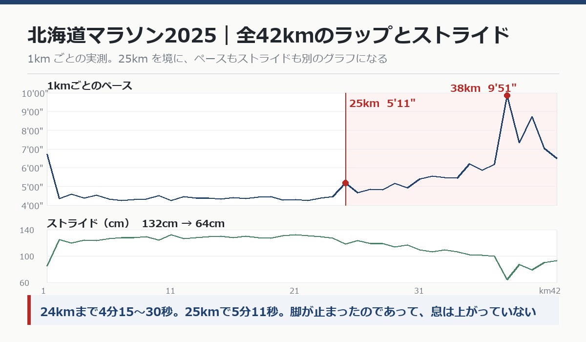 北海道マラソン2025の全42kmのラップとストライドの推移グラフ