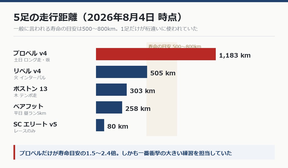 5足のランニングシューズの走行距離を比べたグラフ