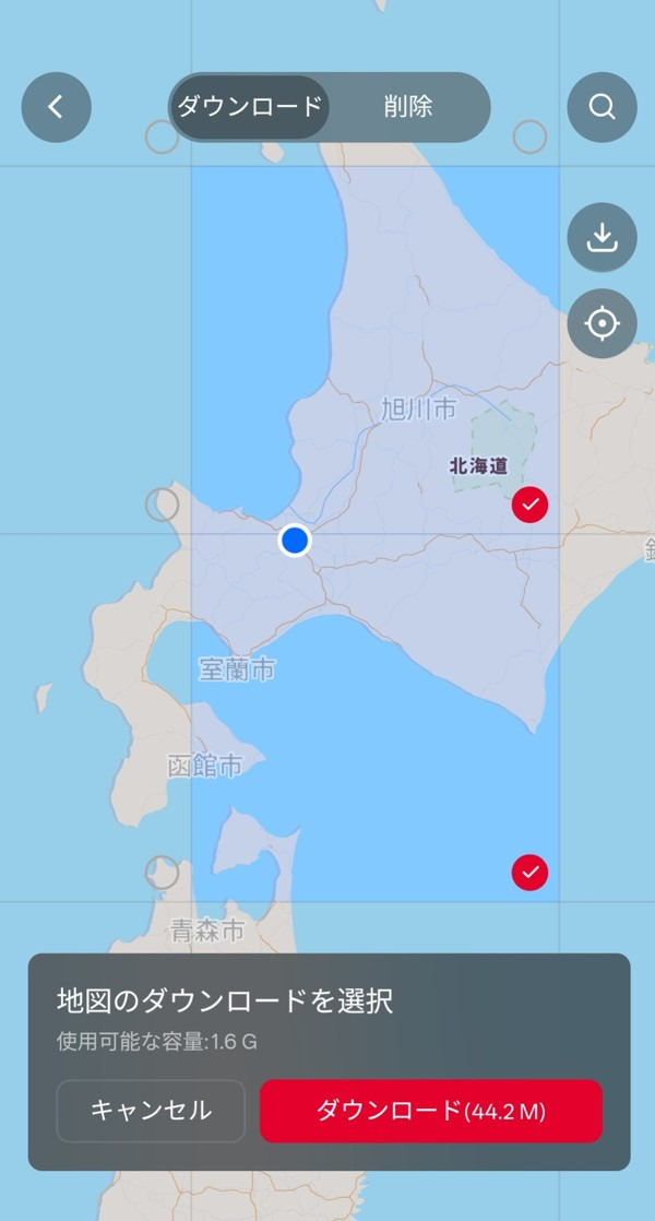 COROSアプリの地図のダウンロード画面。北海道の中央の2区画で44.2MB、使用可能な容量は1.6GB
