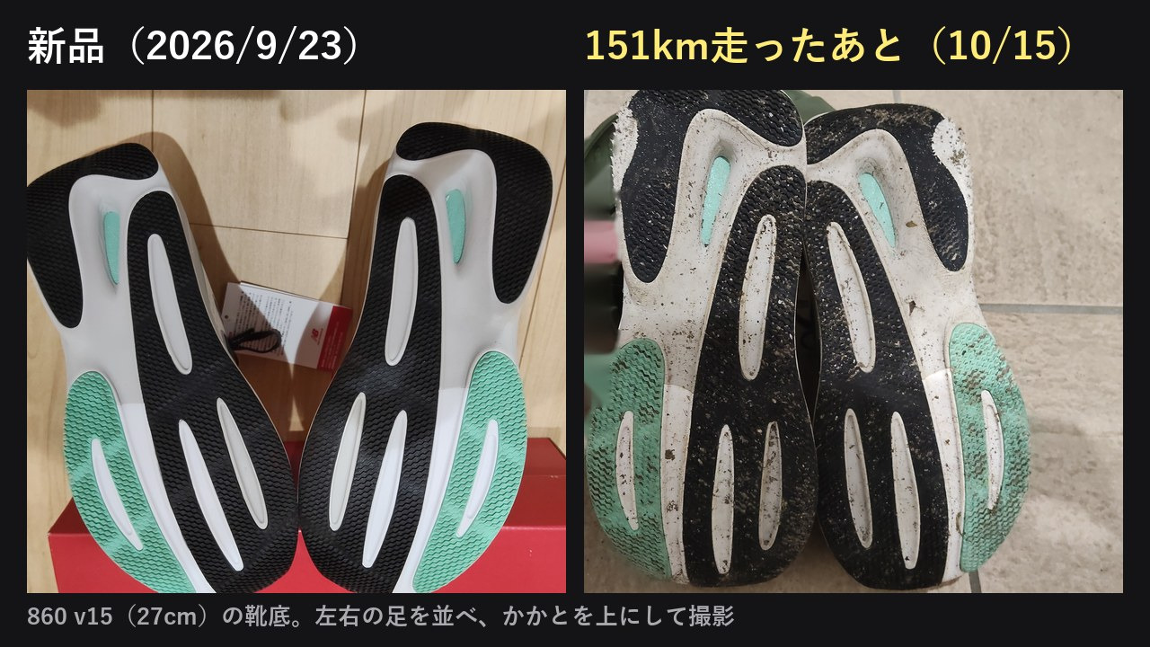 ニューバランス 860 v15の靴底。左が新品、右が151km走ったあと