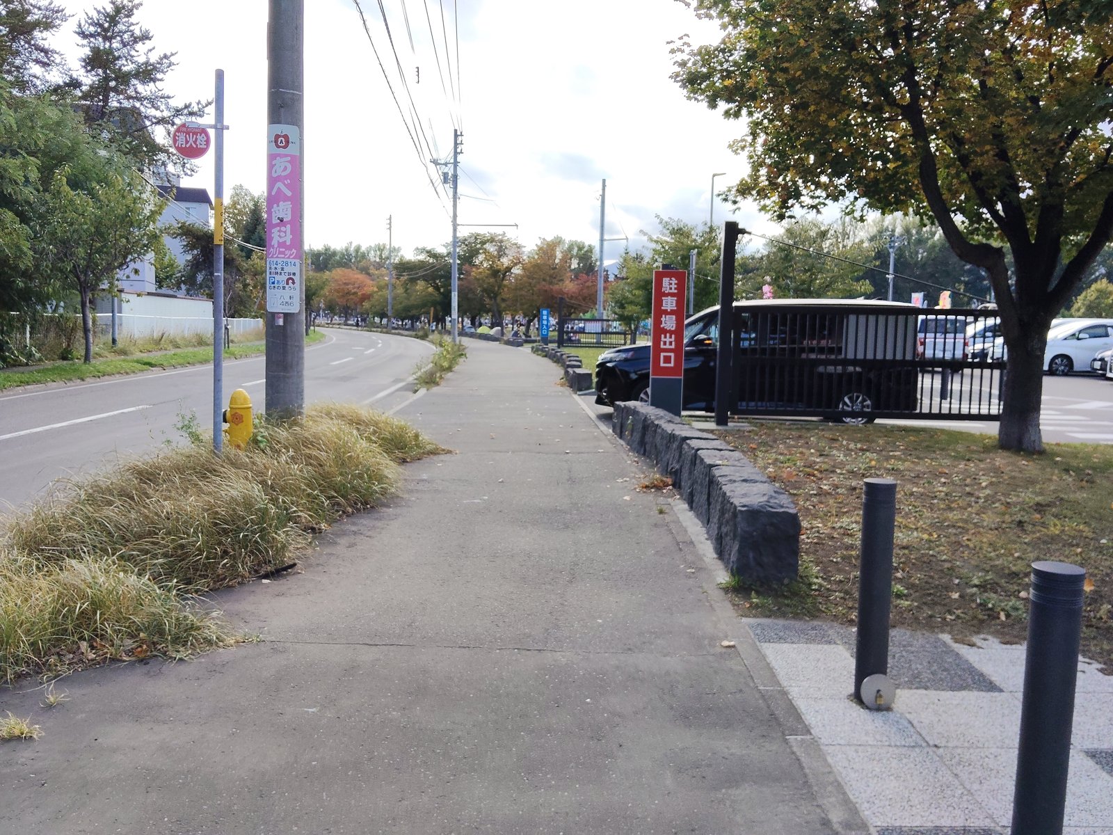 農試公園の駐車場の出口と歩道