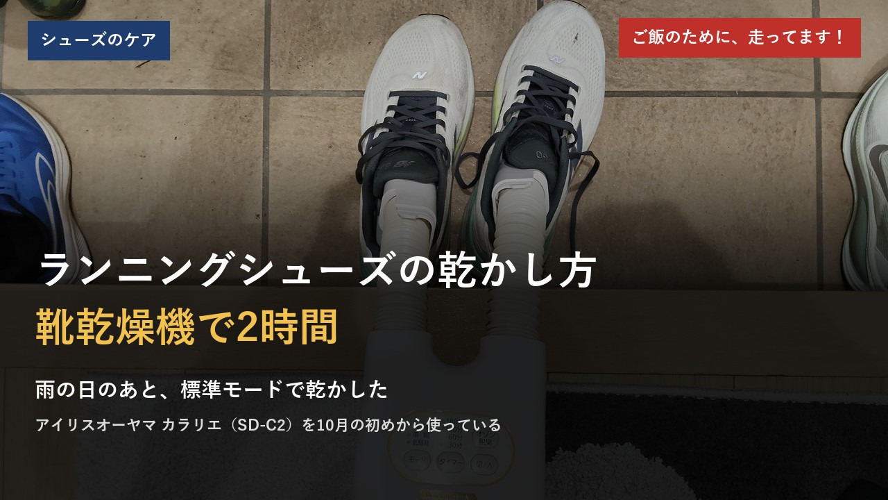 玄関で、靴乾燥機のホースをランニングシューズの左右に差し込んで乾かしているところ